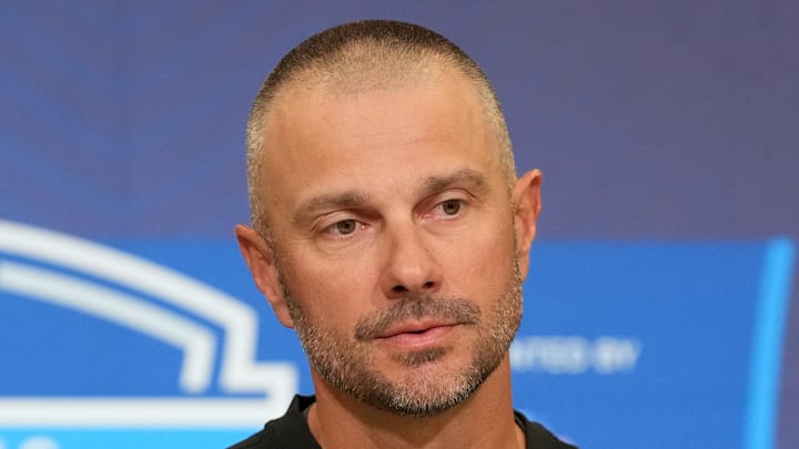 Feb 24, 2026; Indianapolis, IN, USA; Las Vegas Raiders general manager John Spytek speaks at the NFL Scouting Combine at the Indiana Convention Center. Mandatory Credit: Kirby Lee-Imagn Images