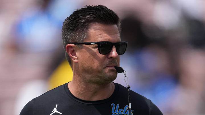 May 2, 2026; Pasadena, CA, USA; UCLA Bruins coach Bob Chesney reacts during the spring game at Rose Bowl. Mandatory Credit: Kirby Lee-Imagn Images