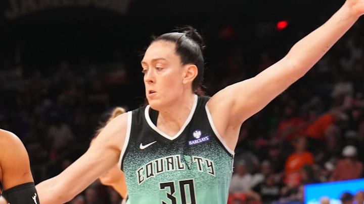 Sep 19, 2025; Phoenix, Arizona, USA; Phoenix Mercury forward Satou Sabally (0) dribbles against New York Liberty forward Breanna Stewart (30) during the second half of game three of round one for the 2025 WNBA Playoffs at PHX Arena. Mandatory Credit: Joe Camporeale-Imagn Images