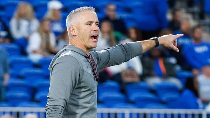 Oct 18, 2024; Durham, North Carolina, USA; Florida State Seminoles head coach Mike Norvell points prior to the first half of the game against Florida State at Wallace Wade Stadium. Mandatory Credit: Jaylynn Nash-Imagn Images