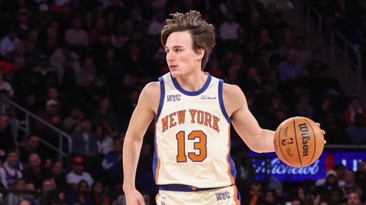 Nov 30, 2025; New York, New York, USA; New York Knicks guard Tyler Kolek (13) brings the ball up court in the fourth quarter against the Toronto Raptors at Madison Square Garden. Mandatory Credit: Wendell Cruz-Imagn Images Nov 30, 2025; New York, New York, USA; New York Knicks guard Tyler Kolek (13) brings the ball up court in the fourth quarter against the Toronto Raptors at Madison Square Garden. Mandatory Credit: Wendell Cruz-Imagn Images