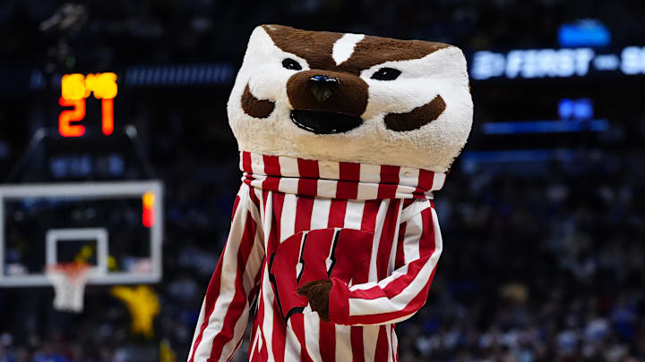 Mar 22, 2025; Denver, CO, USA; The Wisconsin Badgers mascot performs during the first half in the second round of the NCAA Tournament at Ball Arena.