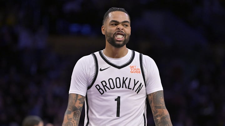 Jan 17, 2025; Los Angeles, California, USA; Brooklyn Nets guard D'Angelo Russell (1) reacts as he leaves the court after missing a 3-point basket at the buzzer against the Los Angeles Lakers at Crypto.com Arena. Mandatory Credit: Jayne Kamin-Oncea-Imagn Images Jan 17, 2025; Los Angeles, California, USA; Brooklyn Nets guard D'Angelo Russell (1) reacts as he leaves the court after missing a 3-point basket at the buzzer against the Los Angeles Lakers at Crypto.com Arena. Mandatory Credit: Jayne Kamin-Oncea-Imagn Images