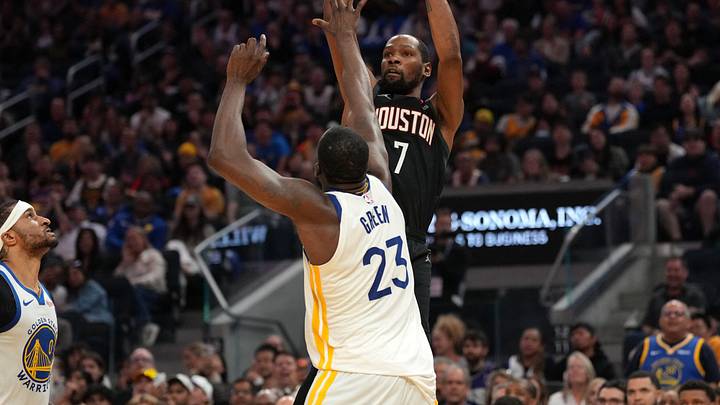 Apr 5, 2026; San Francisco, California, USA; Houston Rockets forward Kevin Durant (7) makes a shot over Golden State Warriors forward Draymond Green (23) in the third quarter at the Chase Center. Mandatory Credit: Cary Edmondson-Imagn Images Apr 5, 2026; San Francisco, California, USA; Houston Rockets forward Kevin Durant (7) makes a shot over Golden State Warriors forward Draymond Green (23) in the third quarter at the Chase Center. Mandatory Credit: Cary Edmondson-Imagn Images