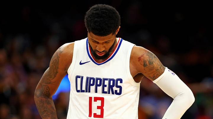 Apr 9, 2024; Phoenix, Arizona, USA; LA Clippers forward Paul George (13) reacts during the fourth quarter of the game against the Phoenix Suns at Footprint Center. Mandatory Credit: Mark J. Rebilas-Imagn Images Apr 9, 2024; Phoenix, Arizona, USA; LA Clippers forward Paul George (13) reacts during the fourth quarter of the game against the Phoenix Suns at Footprint Center. Mandatory Credit: Mark J. Rebilas-Imagn Images