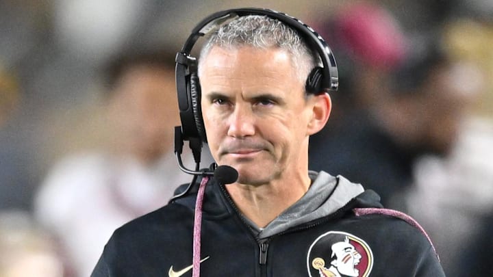 Nov 9, 2024; South Bend, Indiana, USA; Florida State Seminoles head coach Mike Norvell watches in the third quarter against the Notre Dame Fighting Irish at Notre Dame Stadium. Mandatory Credit: Matt Cashore-Imagn Images