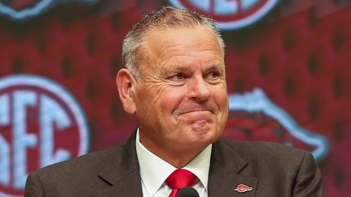 Arkansas Razorbacks coach Sam Pittman talks to the media during the SEC Media Days at Omni Atlanta Hotel.