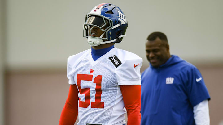 May 10, 2025; East Rutherford, NJ, USA; New York Giants linebacker Abdul Carter (51) during rookie minicamp at Quest Diagnostics Training Center. Mandatory Credit: John Jones-Imagn Images