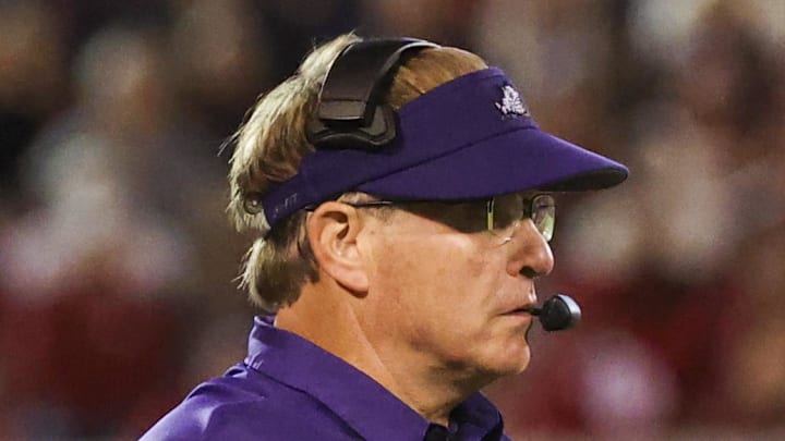 Oct 16, 2021; Norman, Oklahoma, USA; TCU Horned Frogs head coach Gary Patterson during the game against the Oklahoma Sooners at Gaylord Family-Oklahoma Memorial Stadium. Mandatory Credit: Kevin Jairaj-Imagn Images