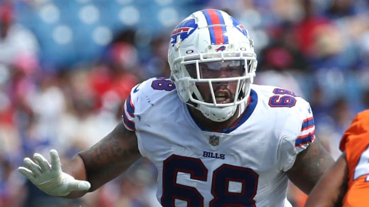 Bills right tackle Bobby Hart (68) blocks Denver linebacker Nik Bonitto (42) at the line during the Bills preseason game against Denver Saturday, Aug. 20, 2022 at Highmark Stadium.

Sd 082022 Bills 84 Spts