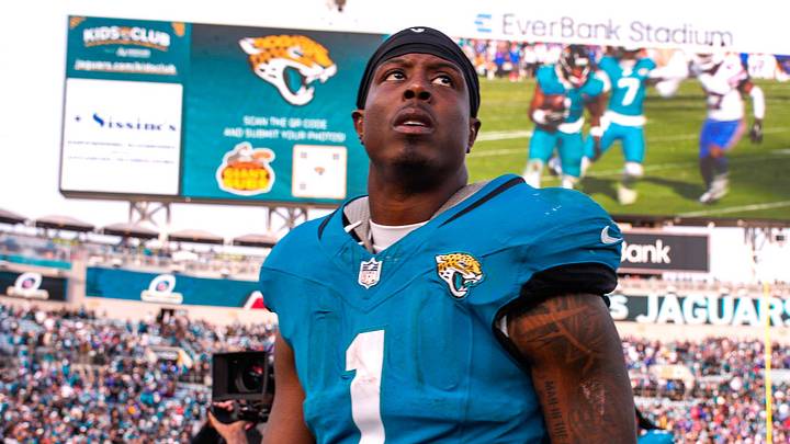 Jacksonville Jaguars running back Travis Etienne Jr. (1) walks off the field after losing to the Bills during an NFL football AFC Wild Card playoff matchup, Sunday, Jan. 11, 2026, in Jacksonville, Fla. Bills lead 10-7 at the half over the Jaguars. The Bills defeated the Jaguars 27-24. [Doug Engle/Florida Times-Union]