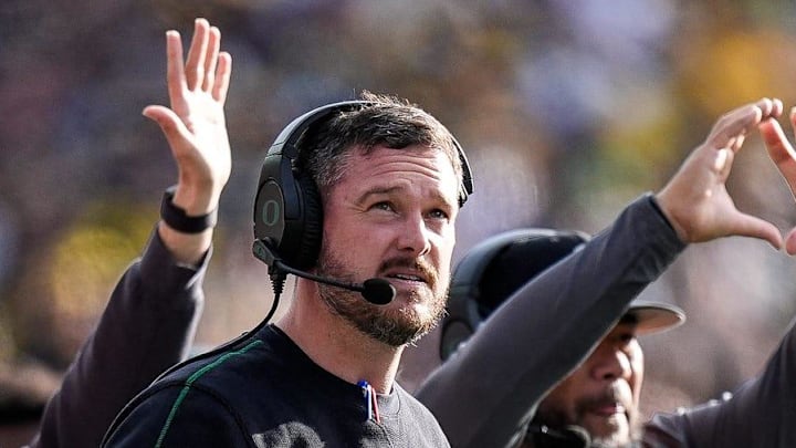 Oregon head coach Dan Lanning watches a play against Michigan during the first half at Michigan Stadium in Ann Arbor on Saturday, Nov. 2, 2024.
