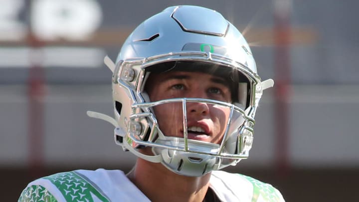 Sep 9, 2023; Lubbock, Texas, USA; Oregon Ducks quarterback Austin Novosad (16) before the game against the Texas Tech Red Raiders at Jones AT&T Stadium and Cody Campbell Field. Mandatory Credit: Michael C. Johnson-Imagn Images