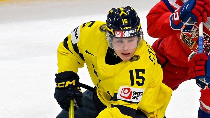 Jan 5, 2026; St. Paul, Minnesota, USA; Sweden forward Ivar Stenberg (15) controls the puck as Czechia defensemen Radim Mrtka (6) gives chase during the first period in the final of the 2026 IIHF World Junior Championship ice hockey tournament at Grand Casino Arena. Mandatory Credit: Nick Wosika-Imagn Images