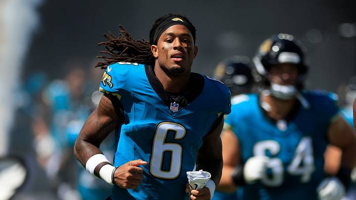 Jacksonville Jaguars safety Antonio Johnson (6) and defensive end Travon Walker (44) run on the field before an NFL football matchup at EverBank Stadium on Sunday, Sept. 27, 2026, in Jacksonville, Fla. The Jaguars defeated the Patriots 35-6. [Corey Perrine/Florida Times‑Union]
