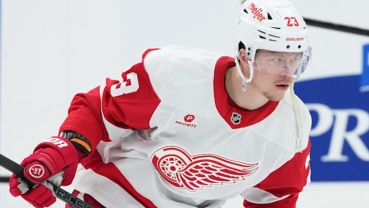 Apr 17, 2025; Toronto, Ontario, CAN; Detroit Red Wings left wing Lucas Raymond (23) skates during the warmup before a game against the Toronto Maple Leafs at Scotiabank Arena. Mandatory Credit: Nick Turchiaro-Imagn Images