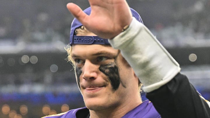 Jan 4, 2026; Minneapolis, Minnesota, USA; Minnesota Vikings quarterback J.J. McCarthy (9) walks off the field after the game against the Green Bay Packers at U.S. Bank Stadium. Mandatory Credit: Jeffrey Becker-Imagn Images