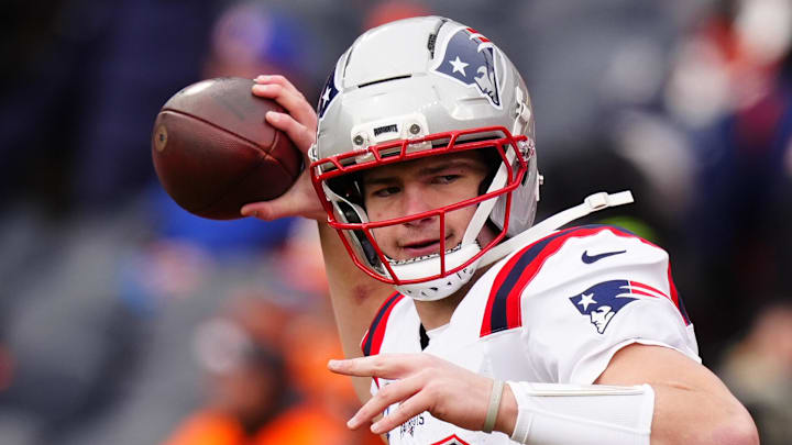Jan 25, 2026; Denver, CO, USA; New England Patriots quarterback Drake Maye (10) practices before the 2026 AFC Championship Game at Empower Field at Mile High. Mandatory Credit: Ron Chenoy-Imagn Images