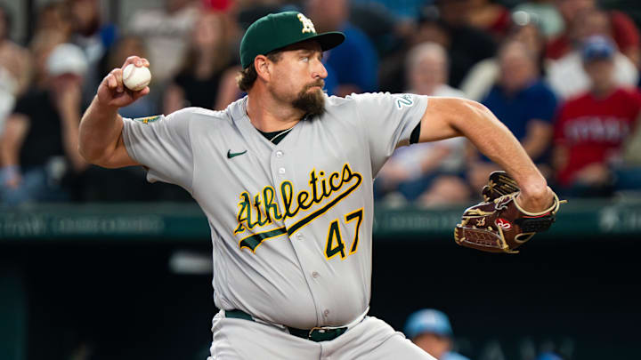 Apr 26, 2026; Arlington, Texas, USA;  Athletics pitcher Joel Kuhnel (47) throws to the plate during the fourth inning against the Texas Rangers at Globe Life Field. Mandatory Credit: Raymond Carlin III-Imagn Images