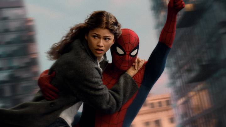 MJ (Zendaya) swings through the city with Spider-Man in Columbia Pictures SPIDER-MAN™: BRAND NEW DAY