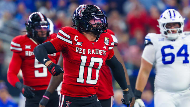 Texas Tech Red Raiders linebacker Jacob Rodriguez (10) reacts during the first quarter against the BYU Cougars at AT&T Stadium.