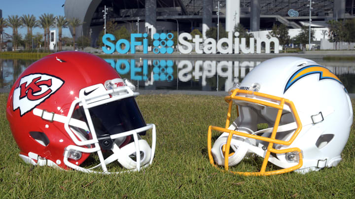 Dec 16, 2021; Inglewood, California, USA; A detailed view of Kansas City Chiefs and Los Angeles Chargers helmets at SoFi Stadium. Mandatory Credit: Kirby Lee-Imagn Images