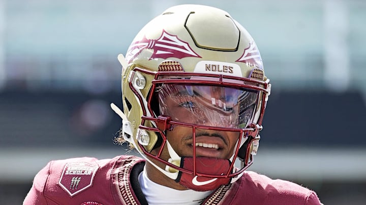 Sep 6, 2025; Tallahassee, Florida, USA; Florida State Seminoles quarterback Tommy Castellanos (1) before the game against the East Texas A&M Lions at Doak S. Campbell Stadium. Mandatory Credit: Melina Myers-Imagn Images