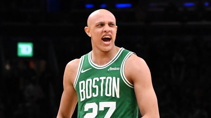 Apr 21, 2026; Boston, Massachusetts, USA; Boston Celtics guard Jordan Walsh (27) reacts after scoring a basket against the Philadelphia 76ers in the second half of a game two of the first round of the 2026 NBA Playoffs at TD Garden. Mandatory Credit: Brian Fluharty-Imagn Images