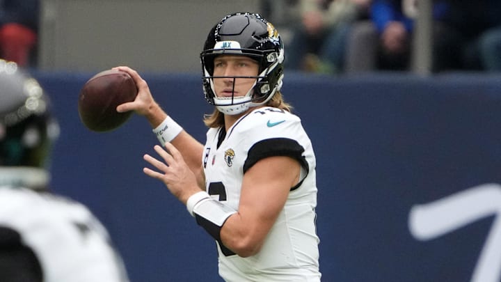 Oct 13, 2024; London, United Kingdom; Jacksonville Jaguars quarterback Trevor Lawrence (16) throws the ball against the Chicago Bears in the first half during an NFL International Series game at Tottenham Hotspur Stadium. Mandatory Credit: Kirby Lee-Imagn Images Oct 13, 2024; London, United Kingdom; Jacksonville Jaguars quarterback Trevor Lawrence (16) throws the ball against the Chicago Bears in the first half during an NFL International Series game at Tottenham Hotspur Stadium. Mandatory Credit: Kirby Lee-Imagn Images
