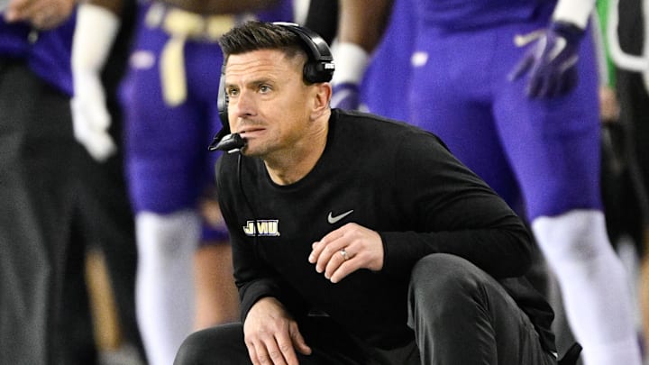 Dec 20, 2025; Eugene, OR, USA;  James Madison Dukes head coach Bob Chesney looks on during the first quarter against the Oregon Ducks at Autzen Stadium. Mandatory Credit: Troy Wayrynen-Imagn Images
