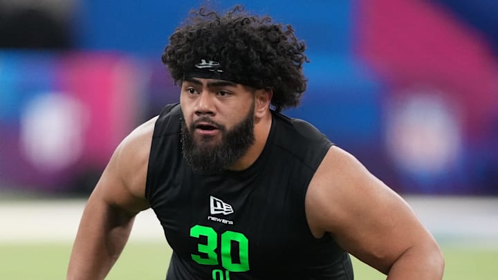 Mar 1, 2026; Indianapolis, IN, USA; Penn State offensive lineman Vega Ioane (OL30) during the NFL Scouting Combine at Lucas Oil Stadium. Mandatory Credit: Kirby Lee-Imagn Images Mar 1, 2026; Indianapolis, IN, USA; Penn State offensive lineman Vega Ioane (OL30) during the NFL Scouting Combine at Lucas Oil Stadium. Mandatory Credit: Kirby Lee-Imagn Images