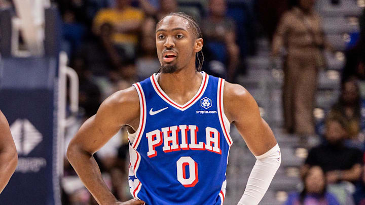 Feb 21, 2026; New Orleans, Louisiana, USA; Philadelphia 76ers guard Vj Edgecombe (77) and guard Tyrese Maxey (0) looks on against the New Orleans Pelicans during the first half at Smoothie King Center. Mandatory Credit: Stephen Lew-Imagn Images Feb 21, 2026; New Orleans, Louisiana, USA; Philadelphia 76ers guard Vj Edgecombe (77) and guard Tyrese Maxey (0) looks on against the New Orleans Pelicans during the first half at Smoothie King Center. Mandatory Credit: Stephen Lew-Imagn Images