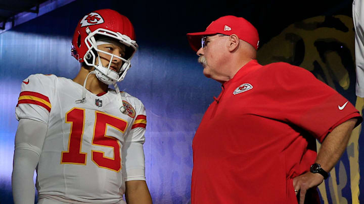 Kansas City Chiefs quarterback Patrick Mahomes (15) talks with head coach Andy Reid with tight end Travis Kelce (87) before an NFL football matchup at EverBank Stadium, Monday, Oct. 6, 2025, in Jacksonville, Fla. The Jacksonville Jaguars edged the Kansas City Chiefs 31-28. [Corey Perrine/Florida Times-Union]