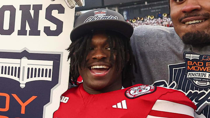 Dec 28, 2024; Bronx, NY, USA; Nebraska Cornhuskers running back Kenneth Williams (25) celebrates with teammates after the game against the Boston College Eagles at Yankee Stadium. Dec 28, 2024; Bronx, NY, USA; Nebraska Cornhuskers running back Kenneth Williams (25) celebrates with teammates after the game against the Boston College Eagles at Yankee Stadium.