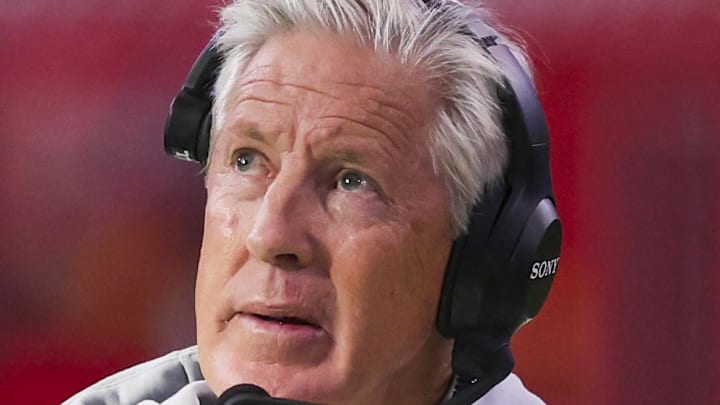 Dec 21, 2025; Houston, Texas, USA; Las Vegas Raiders head coach Pete Carroll stands on the sidelines during the first quarter against the Houston Texans at NRG Stadium. Mandatory Credit: Thomas Shea-Imagn Images