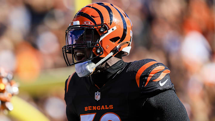Nov 3, 2024; Cincinnati, Ohio, USA; Cincinnati Bengals defensive end Joseph Ossai (58) runs onto the field before the game against the Las Vegas Raiders at Paycor Stadium. Mandatory Credit: Katie Stratman-Imagn Images
