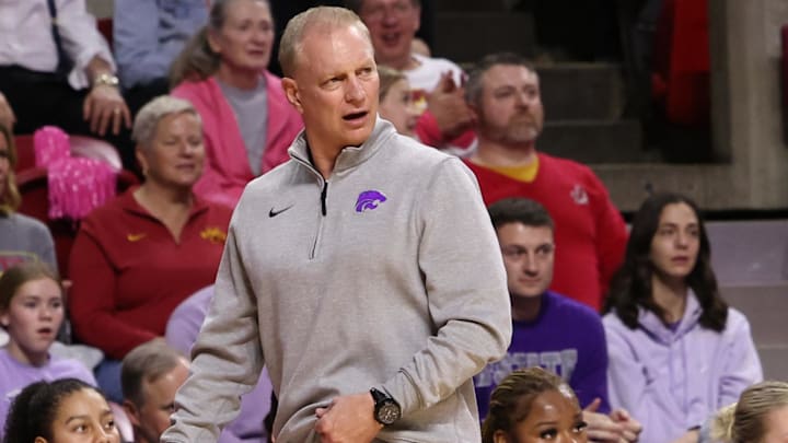 Kansas State Wildcats coach Jeff Mittie watches his team play the Iowa State Cyclones during the first half at James H. Hilton Coliseum. 