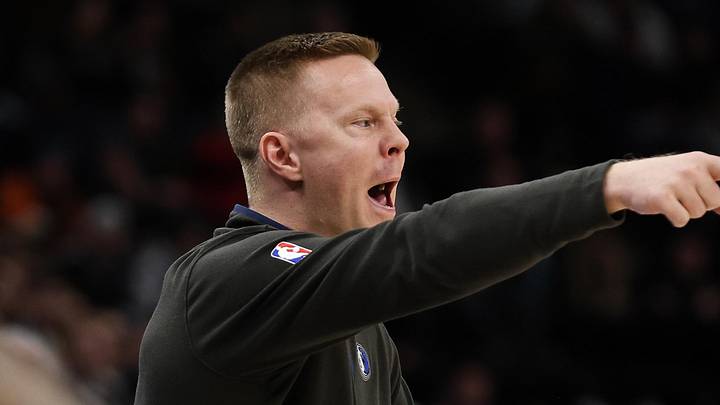 Dec 19, 2022; Minneapolis, Minnesota, USA; Dallas Mavericks assistant coach Sean Sweeney reacts during the fourth quarter against the Minnesota Timberwolves at Target Center. Mandatory Credit: Matt Krohn-Imagn Images
