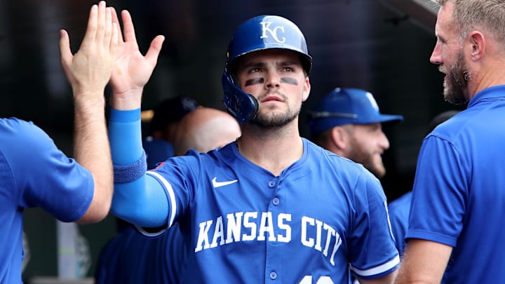 Sep 28, 2025; West Sacramento, California, USA; Kansas City Royals second baseman Michael Massey (19) celebrates with teammates after scoring a run against the Athletics during the seventh inning at Sutter Health Park. Mandatory Credit: Dennis Lee-Imagn Images