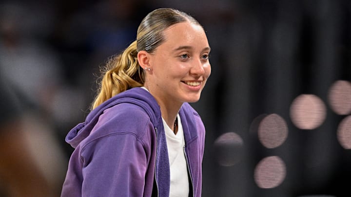 Oct 6, 2025; Fort Worth, Texas, USA; Dallas Wings guard Paige Bueckers looks on during the second quarter between the Dallas Mavericks and the Oklahoma City Thunder at Dickie's Arena. Mandatory Credit: Jerome Miron-Imagn Images