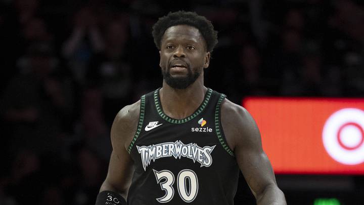 Apr 30, 2026; Minneapolis, Minnesota, USA; Minnesota Timberwolves forward Julius Randle (30) dribbles the ball against the Denver Nuggets in the first half during game six of the first round of the 2026 NBA Playoffs at Target Center. Mandatory Credit: Jesse Johnson-Imagn Images