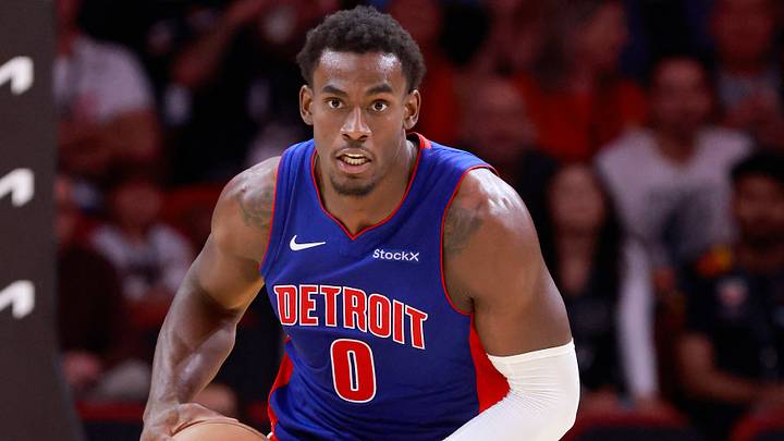 Oct 28, 2024; Miami, Florida, USA; Detroit Pistons center Jalen Duren (0) brings the ball up court against the Miami Heat during the second half at Kaseya Center. Mandatory Credit: Rhona Wise-Imagn Images