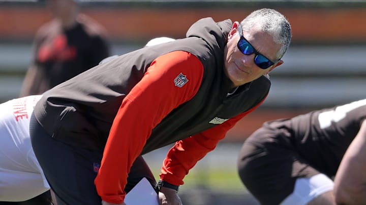 Cleveland Browns defensive coordinator Jim Schwartz at work during NFL rookie minicamp at the Browns training facility May 9, 2025, in Berea.