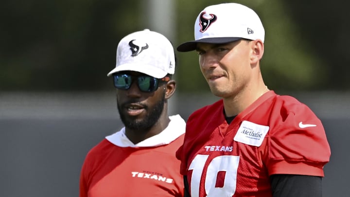 Houston Texans quarterback Graham Mertz (18) looks on during an NFL football minicamp at NRG Stadium. 