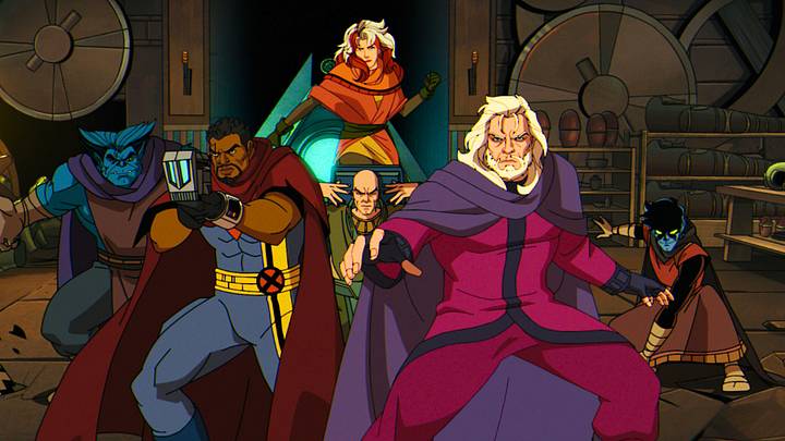 (L-R): Beast (voiced by George Buza), Bishop (voiced by Isaac Robinson-Smith), Rogue (voiced by Lenore Zann), Professor X (voiced by Ross Marquand), Magneto (voiced by Matthew Waterson), and Nightcrawler (voiced by Adrian Hough) in Marvel Animation's X-MEN '97 Season 2, exclusively on Disney+.