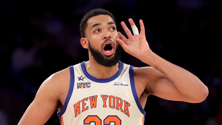 Feb 1, 2026; New York, New York, USA; New York Knicks center Karl-Anthony Towns (32) reacts during the third quarter against the Los Angeles Lakers at Madison Square Garden. Mandatory Credit: Brad Penner-Imagn Images