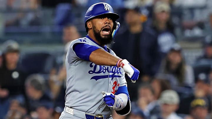 Oct 30, 2024; New York, New York, USA; Los Angeles Dodgers outfielder Teoscar Hernandez (37) celebrates after hitting a single during the ninth inning against the New York Yankees in game four of the 2024 MLB World Series at Yankee Stadium. Mandatory Credit: Brad Penner-Imagn Images