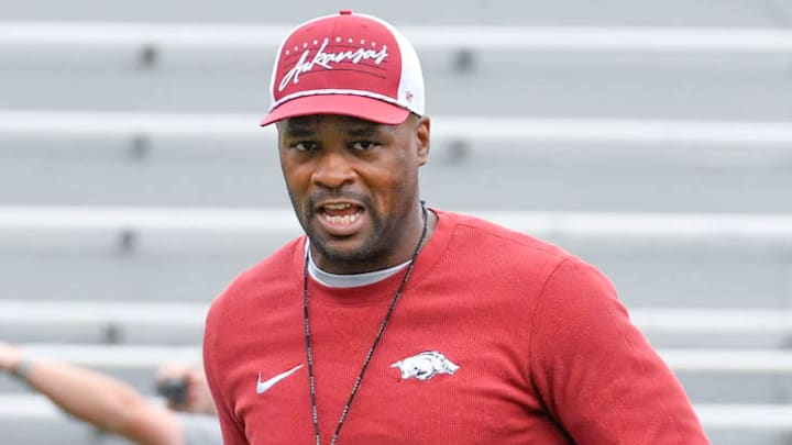 Arkansas Razorbacks defensive coordinator Travis Williams during drills at spring practice inside Razorback Stadium.