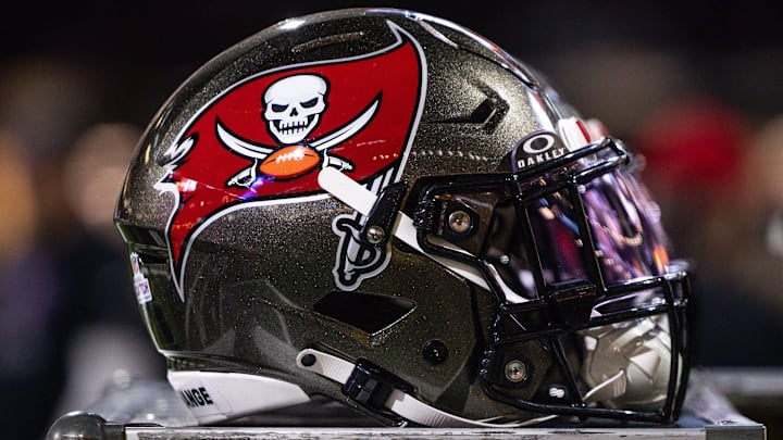 Oct 13, 2024; New Orleans, Louisiana, USA;  Detailed view of the Tampa Bay Buccaneers helmet against the New Orleans Saints during the first half at Caesars Superdome. Mandatory Credit: Stephen Lew-Imagn Images