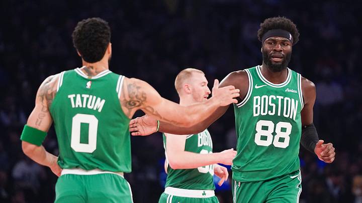 Apr 9, 2026; New York, New York, USA; Boston Celtics forward Jayson Tatum (0) high fives Boston Celtics center Neemias Queta (88) during the first half against the New York Knicks at Madison Square Garden. Mandatory Credit: Lucas Boland-Imagn Images Apr 9, 2026; New York, New York, USA; Boston Celtics forward Jayson Tatum (0) high fives Boston Celtics center Neemias Queta (88) during the first half against the New York Knicks at Madison Square Garden. Mandatory Credit: Lucas Boland-Imagn Images
